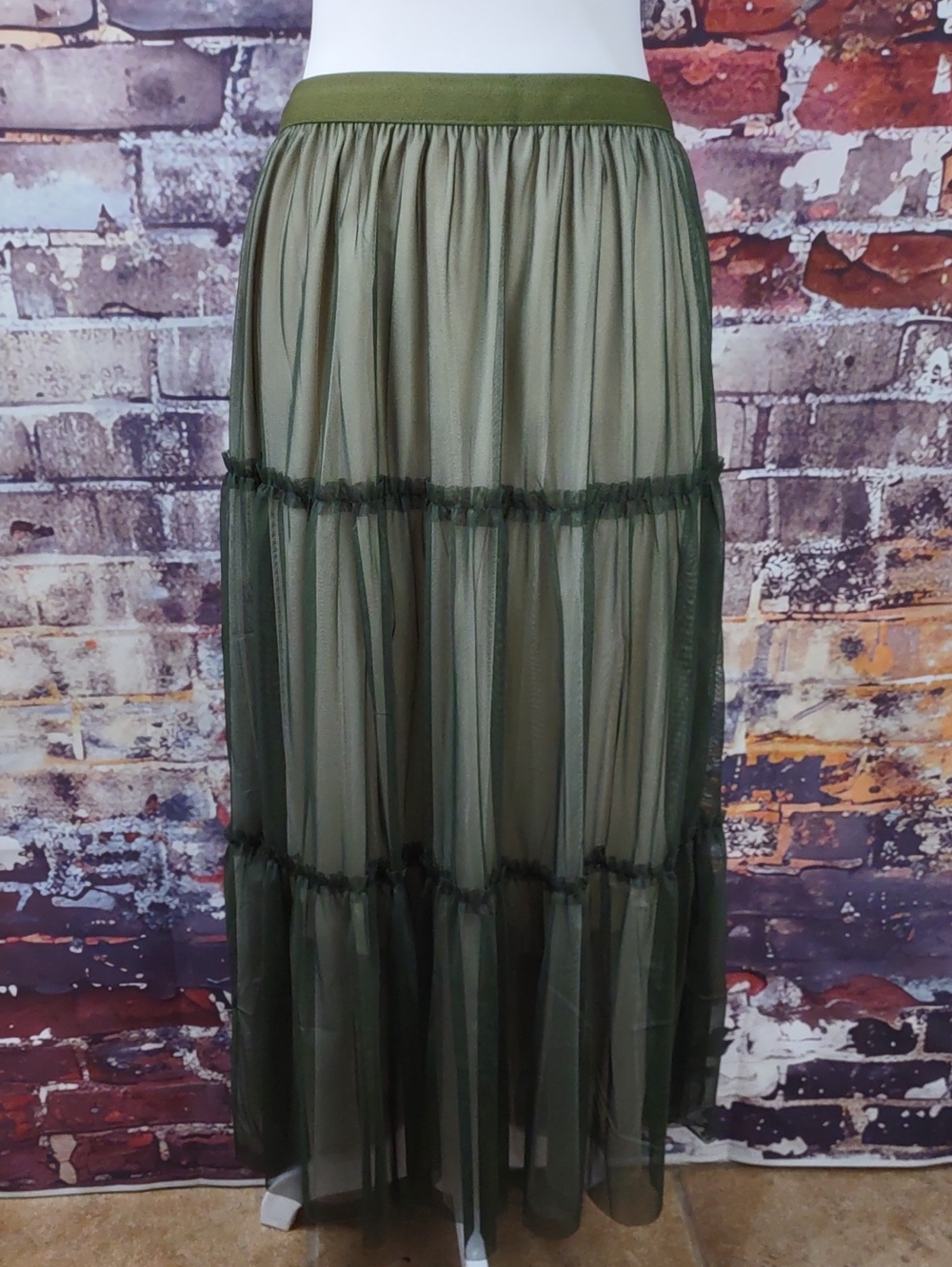 Olive Green Tiered Tulle Maxi Skirt